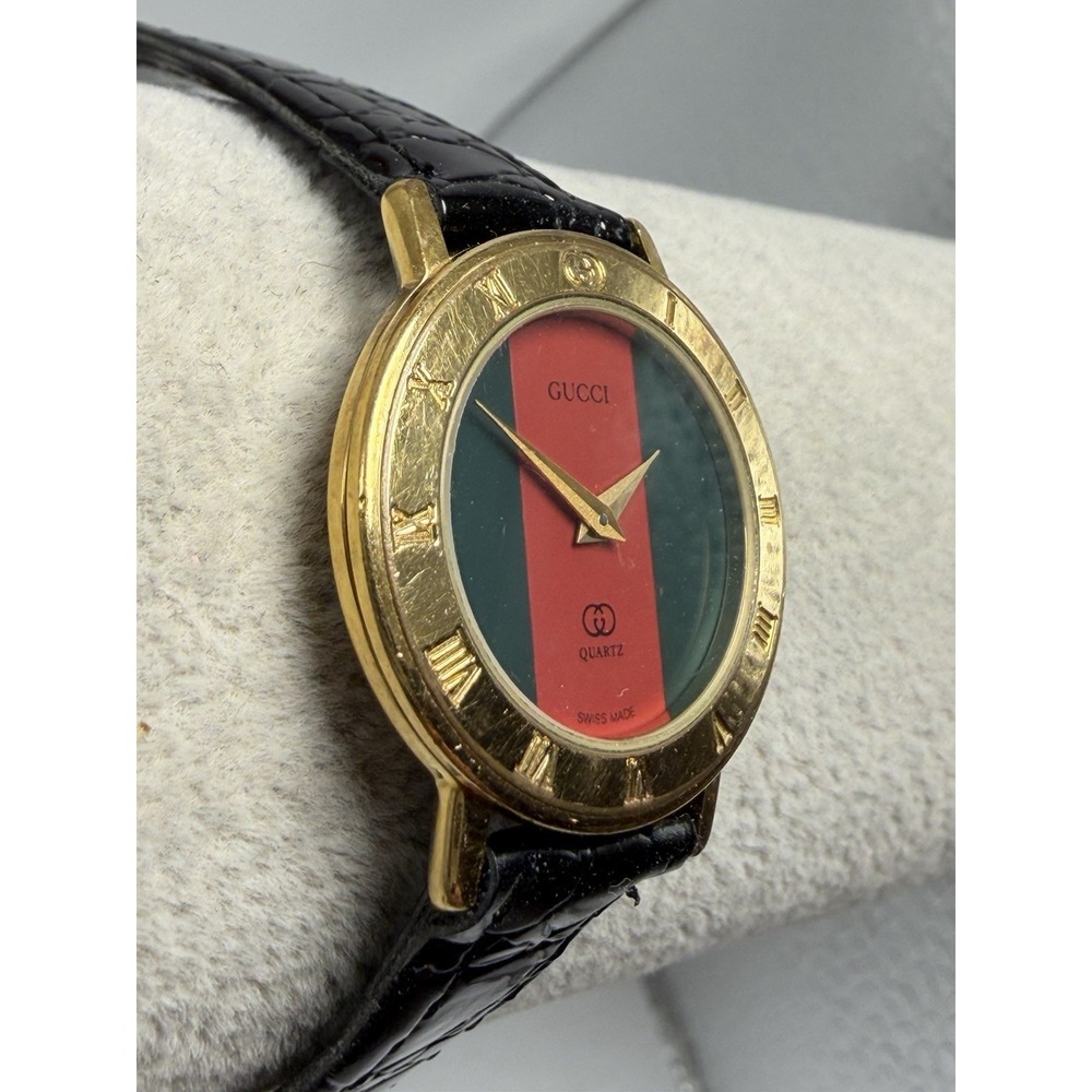 Gucci 3001L New Battery Ladies Watch Striped Dial 25MM 6.75" Swiss Gold Plated - Picture 3 of 15